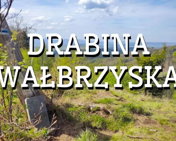 Widok na górskie krajobrazy z napisem "Drabina Wałbrzyska". Stary drewniany słup z niebieskim znakiem szlaku stoi na zboczu porośniętym trawą i młodymi drzewkami.