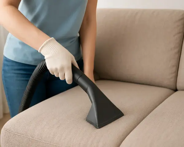 Osoba w rękawiczce odkurza kanapę z plusz materiału.