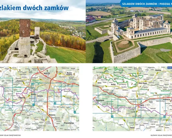 Mapa z zaznaczonymi zabytkami i szlakami, w tym główny szlak świętokrzyski, prowadzącym przez malownicze tereny z zamkami i krajobrazami.