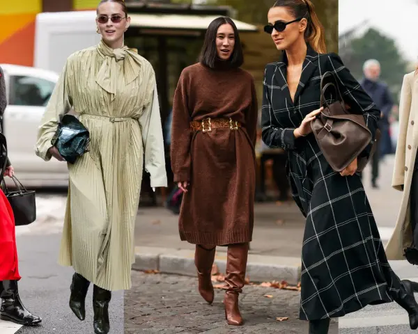 Estilos de moda callejera: vestidos largos, botines y bolsos. Se ve que **que largo de vestido se lleva** esta temporada.
