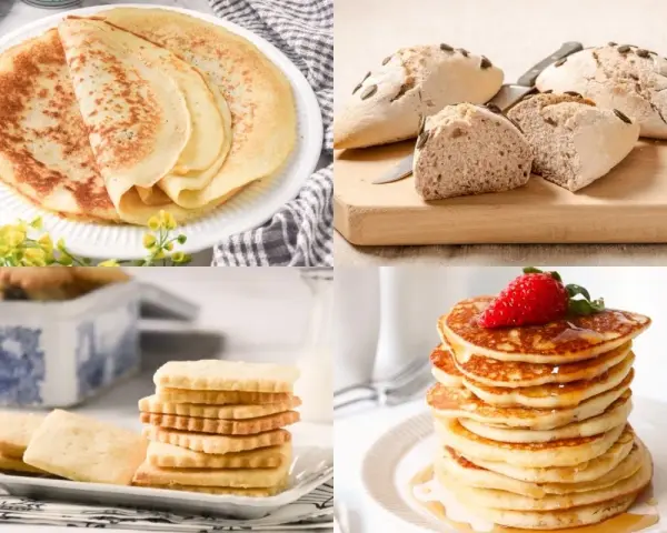 Collage de postres sin gluten: crepes, panecillos, galletas y tortitas con fresa.