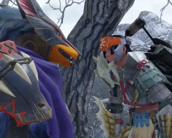 Un cazador de Monster Hunter Online se enfrenta a una criatura con armadura y capa morada en un paisaje nevado.