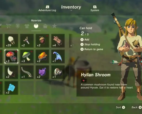 Link revisa su inventario en busca de ingredientes para recetas de Zelda: Breath of the Wild, destacando champiñones Hylian.