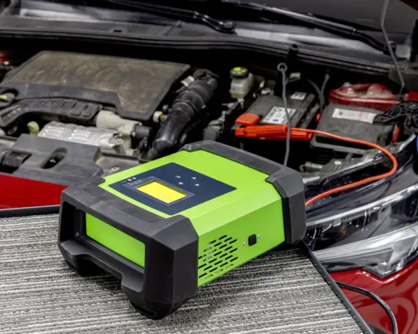 Carrozzeria rossa con cofano aperto, motore e batteria. Un caricabatterie verde è collegato alla batteria, suggerendo una batteria della macchina scarica.