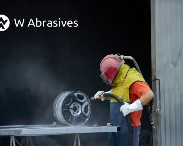 Pracownik w kasku i ochronnym ubraniu wykonuje piaskowanie aluminium felgi.