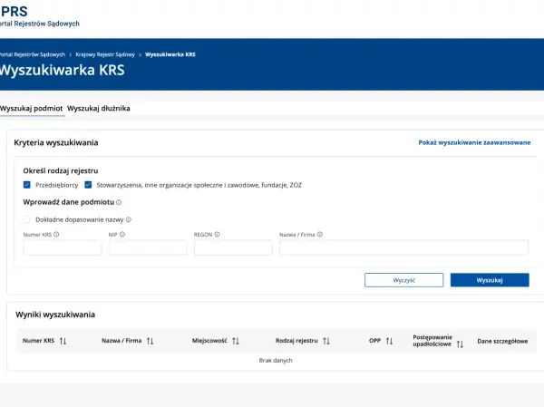 Strona wyszukiwarki KRS. Można tu sprawdzić, krs co to za podmiot, wpisując numer KRS, NIP, REGON lub nazwę firmy.