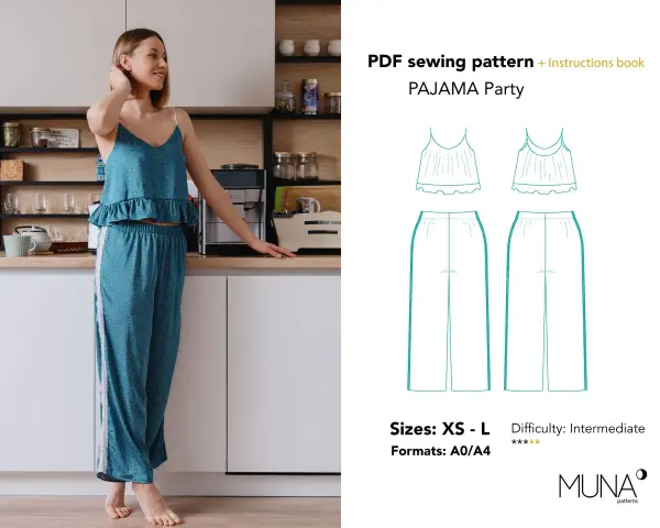 Patron gratuit combinaison pyjama pour une soirée détente. Le modèle comprend un haut à fines bretelles et un pantalon ample.