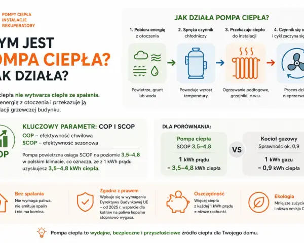 Pompy ciepła pobierają energię z otoczenia, by ogrzać dom. Efektywność COP i SCOP to kluczowe parametry.