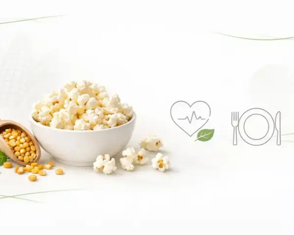 Misternie przygotowany popcorn w misce, obok ziaren kukurydzy na drewnianej łyżce. Czy popcorn tuczy? Ikony serca i talerza sugerują zdrowy wybór.