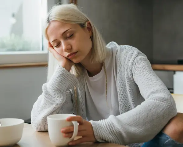 Zmęczona kobieta z blond włosami opiera głowę na dłoni, trzymając kubek. Może to być jeden z objawów keto grypy.