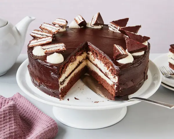 Eine köstliche Kinder Pingui Torte mit Schokoladenglasur, Sahnetupfern und kleinen Schoko-Biskuit-Stücken. Ein Stück ist bereits angeschnitten.