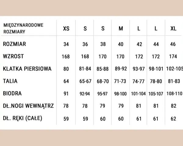 Tabela rozmiarów od XS do XL. Rozmiar 44/46 jaki to rozmiar? To L/XL, odpowiednie dla wzrostu 172 cm i obwodu bioder 105-107 cm.