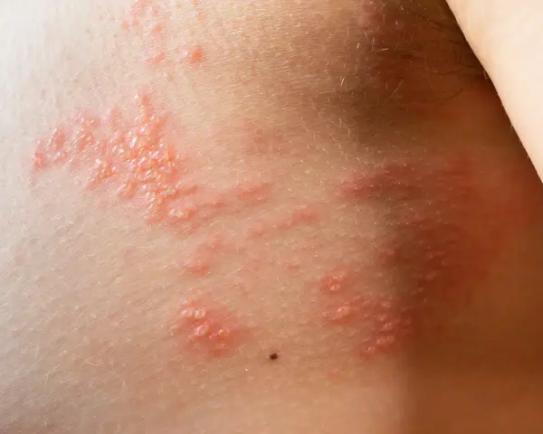 Eruzione cutanea con vescicole rosse e pruriginose, sintomo di un'allergia da istamina.