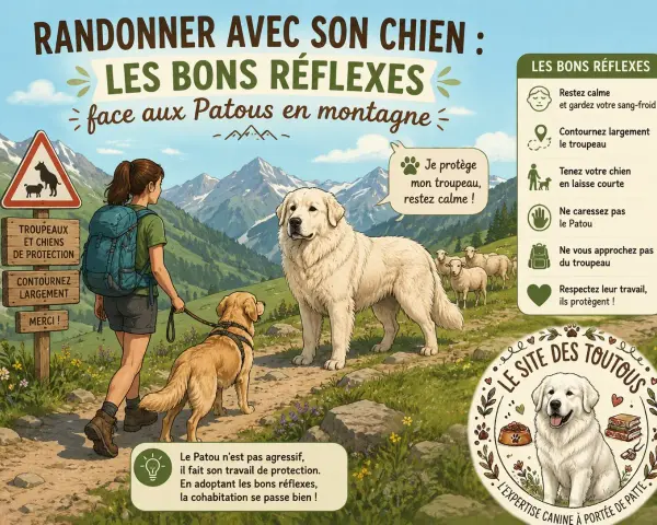 Une randonneuse et son chien croisent un Patou protégeant son troupeau de moutons en montagne. Conseils pour une cohabitation sereine.