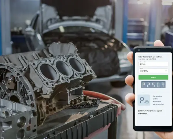 Mechanic uses phone to diagnose P2509 code, likely for a Cummins engine, with a disassembled engine block in the foreground.