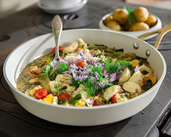 En härlig gryta med grönsaker, ägg och örter, perfekt för ett Ernst recept. Serveras med kokt potatis.