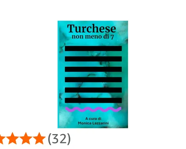 Copertina libro "Turchese non meno di 7", con sfondo turchese e righe nere. Valutazione 4,9 stelle.