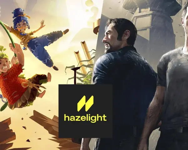 Dos personajes animados y dos hombres realistas, buscando a way out 2. Logo de Hazelight.
