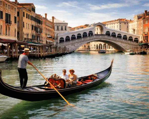 Coppia in gondola per un tour a Venezia, con il Ponte di Rialto sullo sfondo.