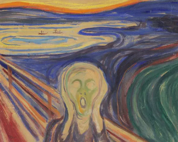 Le Cri d'Edvard Munch : une figure déformée hurle sur un paysage tourbillonnant, le ciel embrasé par un soleil rougeoyant.