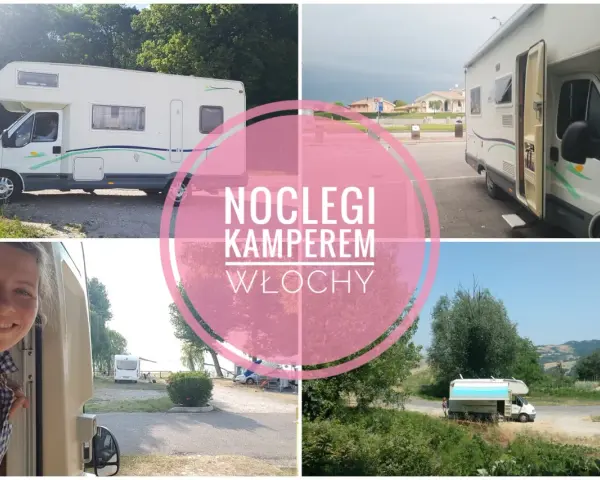 Uśmiechnięta kobieta wychyla się z kampera. Widok na różne miejsca postojowe dla kamperów we Włoszech.