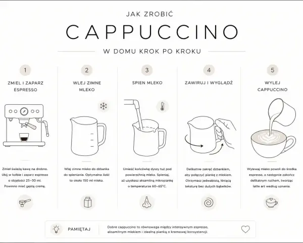Jak zrobić cappuccino krok po kroku: zmiel kawę, spień mleko, połącz je z espresso, a na koniec stwórz latte art.
