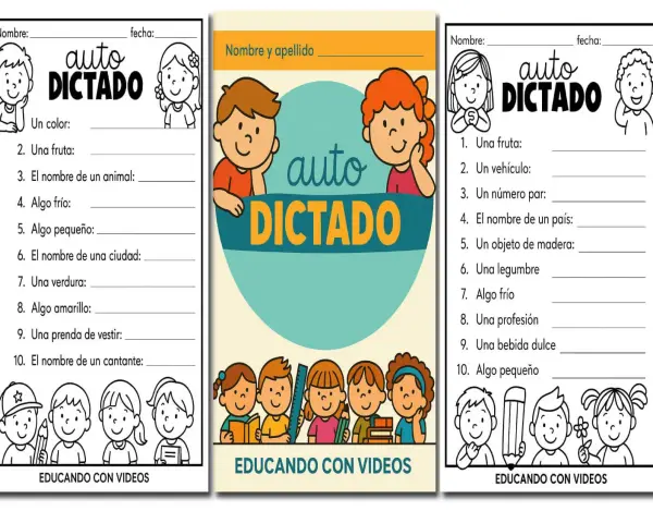 Hojas de trabajo para la "expresión escrita 4 primaria" con dibujos de niños y listas para completar.