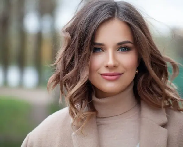 Kobieta z falowanymi włosami w stylu long bob, w beżowym płaszczu i golfie, uśmiecha się delikatnie.