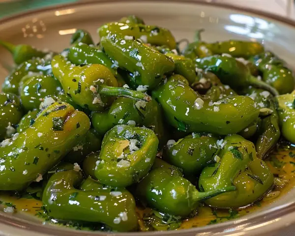 Pimientos verdes fritos con ajo y perejil, listos para disfrutar. Una delicia fácil de preparar.
