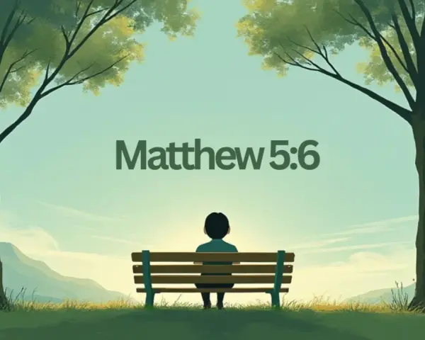 A lone figure sits on a bench under two trees, gazing at mountains. Text reads "Matthew 5:6," reminding us, "Blessed are those who hunger and thirst for righteousness.