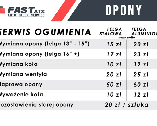 Cennik serwisu opon: ile kosztuje wymiana opon na felgach stalowych i aluminiowych, naprawa, wyważenie.