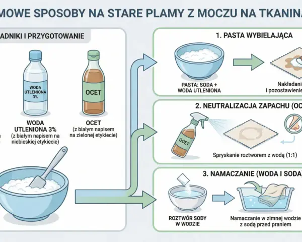 Domowe sposoby na plamy z moczu: pasta z sody i wody utlenionej, neutralizacja octem, namaczanie w wodzie z sodą.