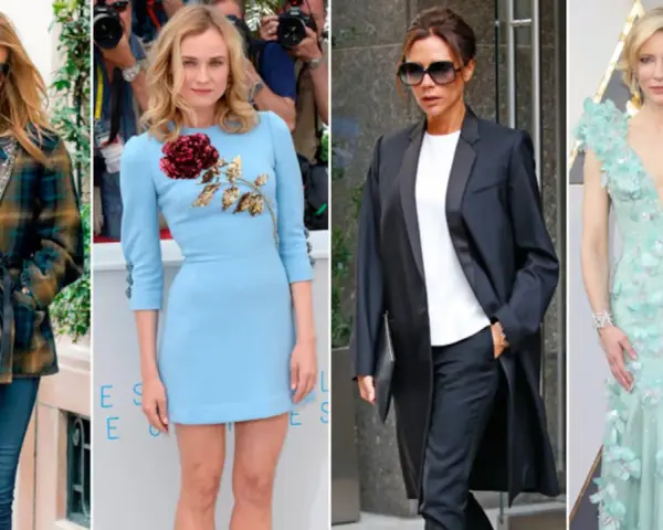 Mujeres con looks smart casual verano: abrigo cuadros, vestido azul floral, traje negro y vestido de gala.