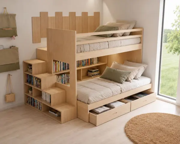 Soluzione salvaspazio per arredare cameretta 6 mq: letto a castello in legno con scalini contenitore e libreria integrata.