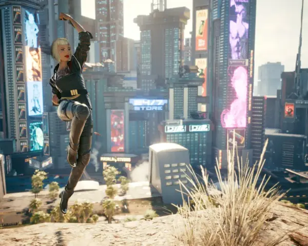 Una mujer salta en Night City, un escenario perfecto para tu cyberpunk 2077 guia.