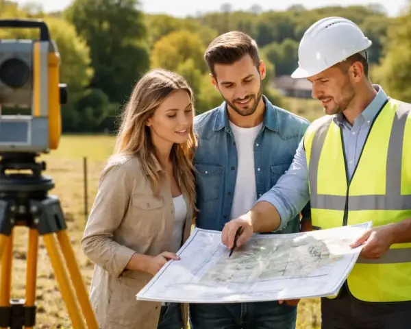 Geodeta w kamizelce i kasku omawia z parą mapę. W tle tachimetr, element państwowego zasobu geodezyjnego i kartograficznego.