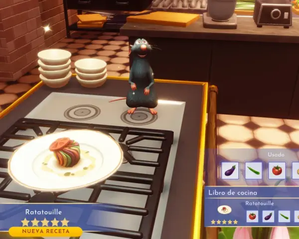 Remy prepara ratatouille en Dreamlight Valley. El libro de cocina muestra los ingredientes para esta receta.