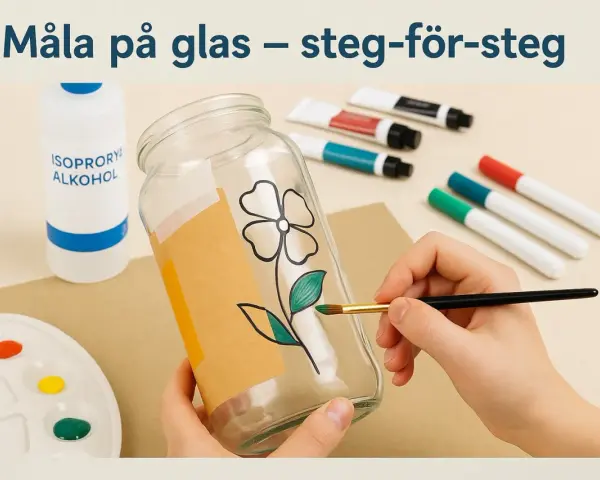En hand målar en blomma på ett glas med en pensel. Material som isopropanol och färgpennor ligger bredvid.