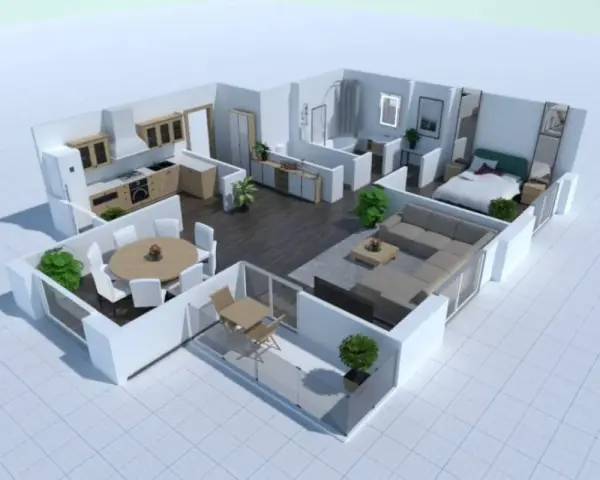 Un progetto di casa moderna con cucina, soggiorno, camera da letto e bagno, ideato con intelligenza artificiale per arredare casa.
