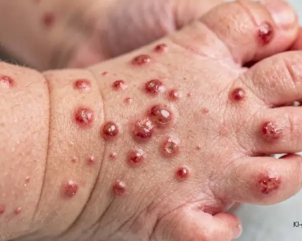 Haut eines Babys mit roten Pusteln und Bläschen, typisch für ansteckende Krankheiten wie Windpocken oder Hand-Fuß-Mund-Krankheit.