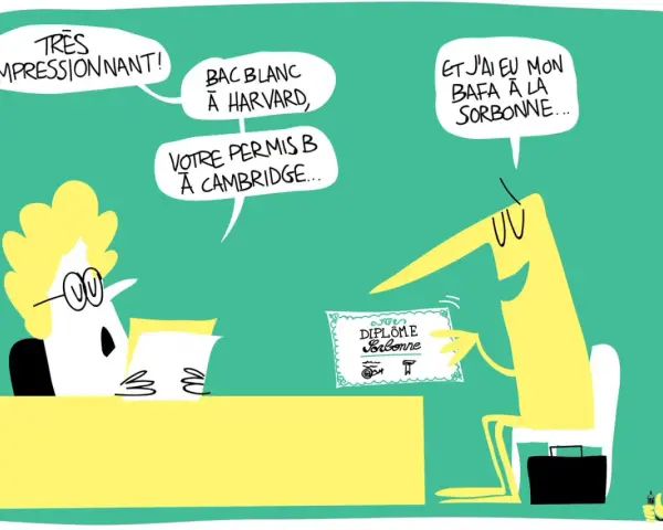 Dessin humoristique : un candidat présente un diplôme de la Sorbonne, tandis qu'un recruteur lit des qualifications impressionnantes.