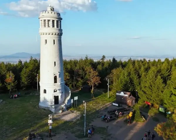 Wielka sowa, wieża widokowa na szczycie góry, otoczona lasem.