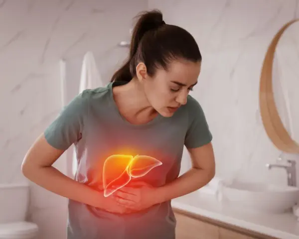 Kobieta trzyma się za brzuch, gdzie widoczna jest podświetlona wątroba. Czy to objaw choroby?