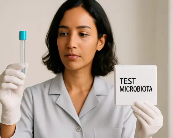 Donna con guanti tiene provetta e cartello "TEST MICROBIOTA".