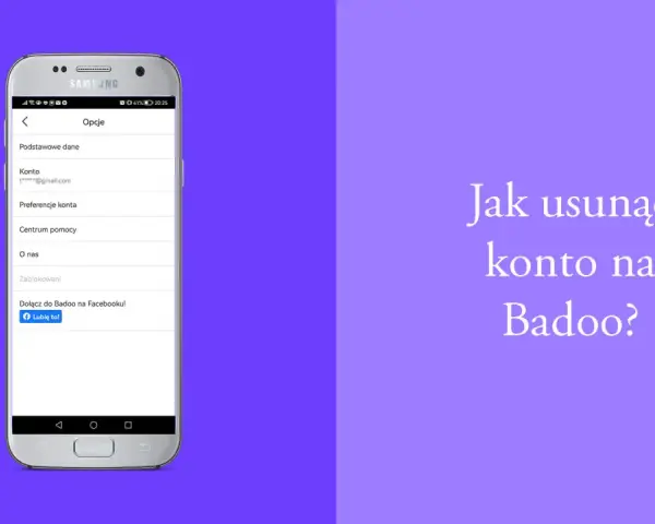 Ekran telefonu z opcjami konta Badoo. Tekst "Jak usunąć konto na Badoo?" sugeruje, że użytkownik szuka rozwiązania problemu, dlaczego nie może usunąć konta na Badoo.