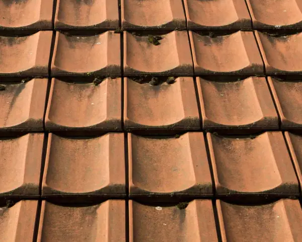 Czerwona dachówka ceramiczna, lekko porośnięta mchem. Sprawdź aktualną dachówka ceramiczna cena za m2.