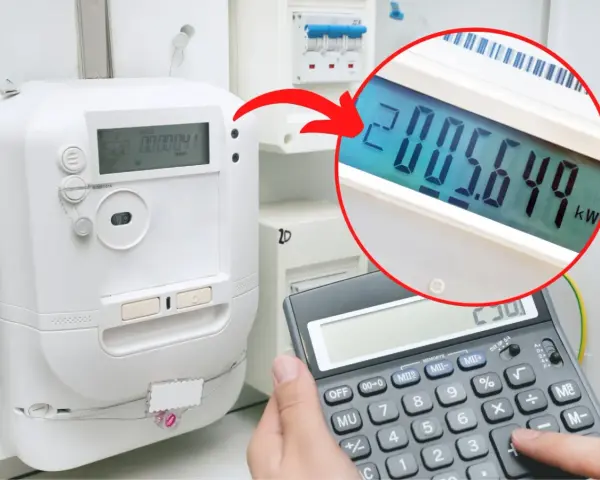 Cyfrowy licznik energii elektrycznej pokazuje 2005.649 kW. Kalkulator obok ułatwia odczytanie danych.