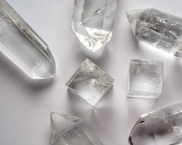 Cristales de cuarzo blanco, algunos en forma de punta y otros cúbicos, listos para aprender como cargar el cuarzo blanco.