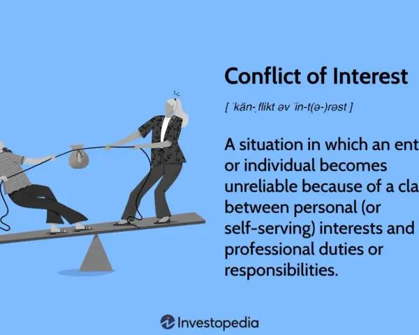 Two people on a seesaw pull a bag of money, illustrating conflict of interest policy examples.