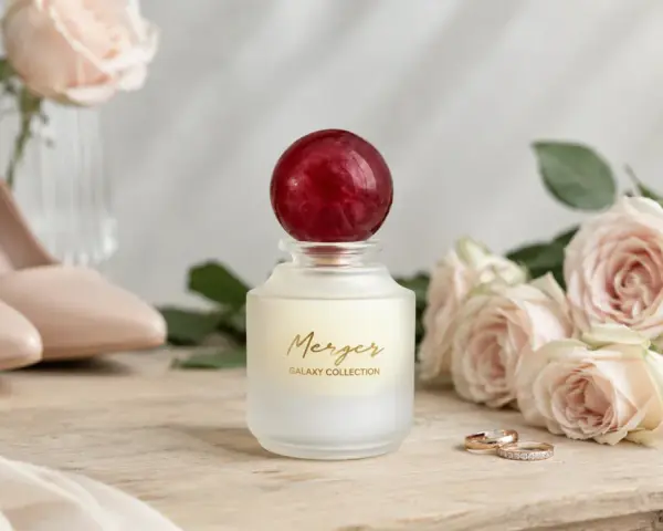 Eleganckie perfumy na ślub, obok róż i obrączek. Idealny zapach na ten wyjątkowy dzień.